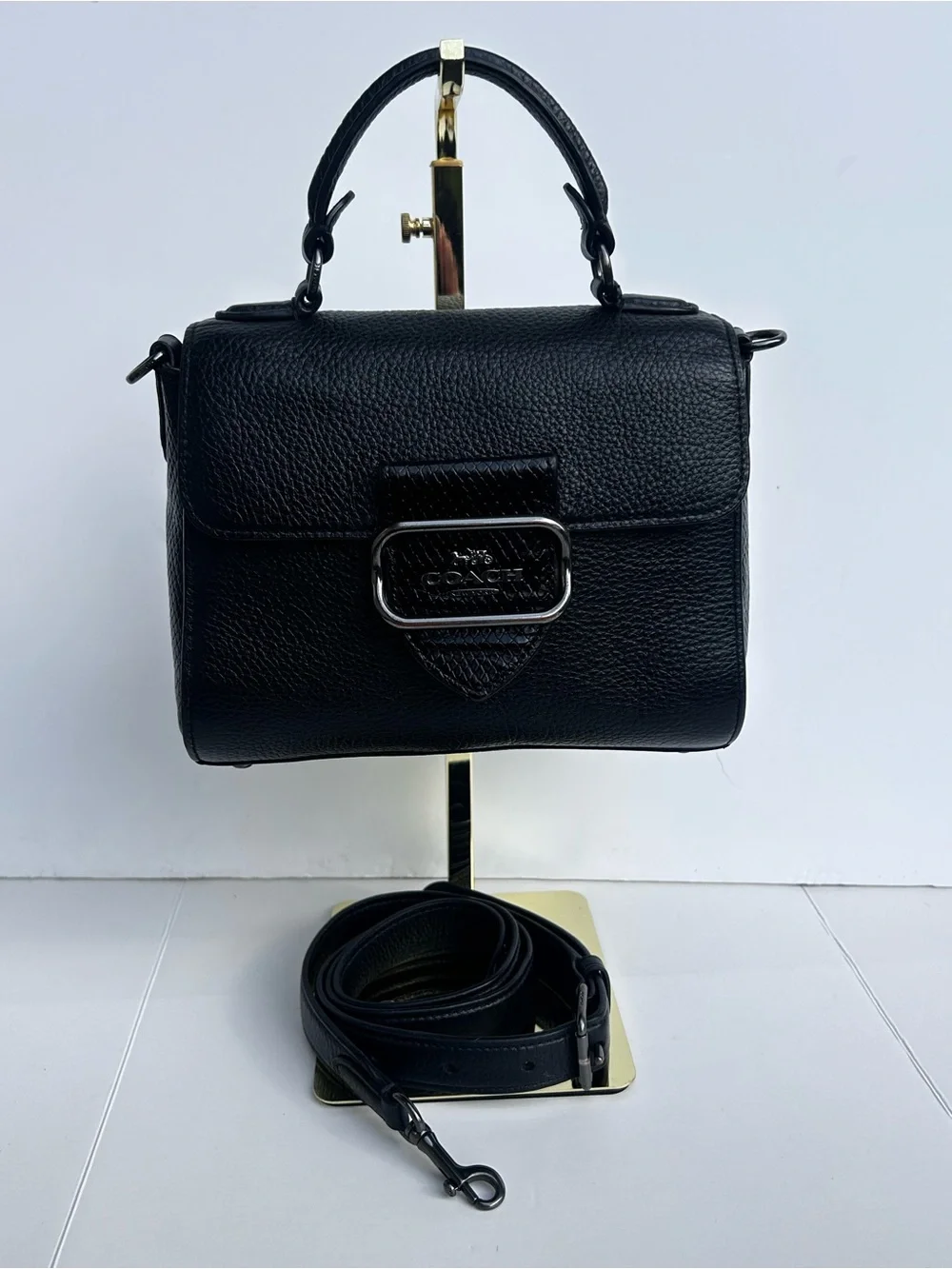 COACH Morgan Top Handle Satchel Crossbody Shoulder Bag Black Pebble Leather CF32